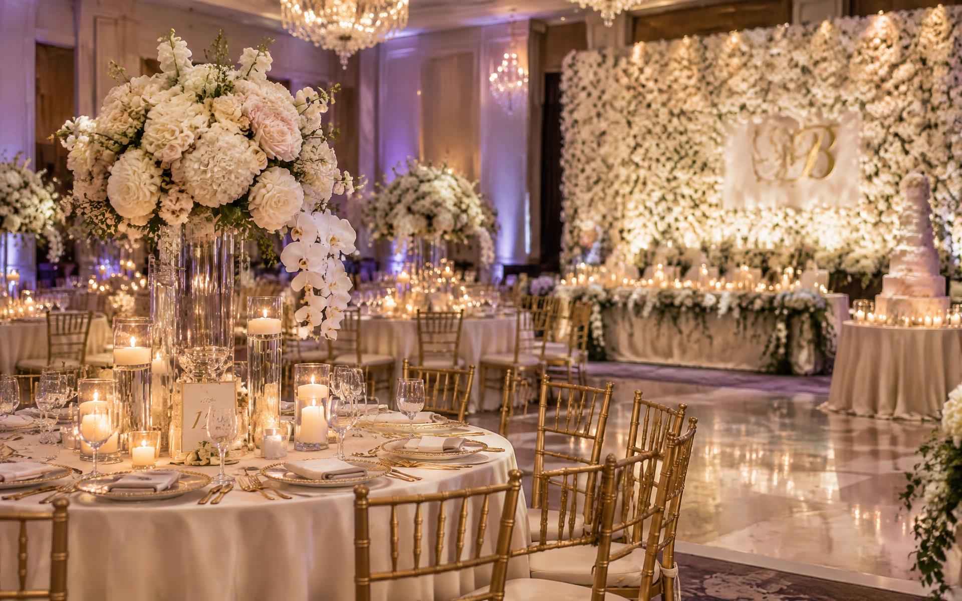 Elegant ballroom styled with gold chairs, candlelight and a flower wall