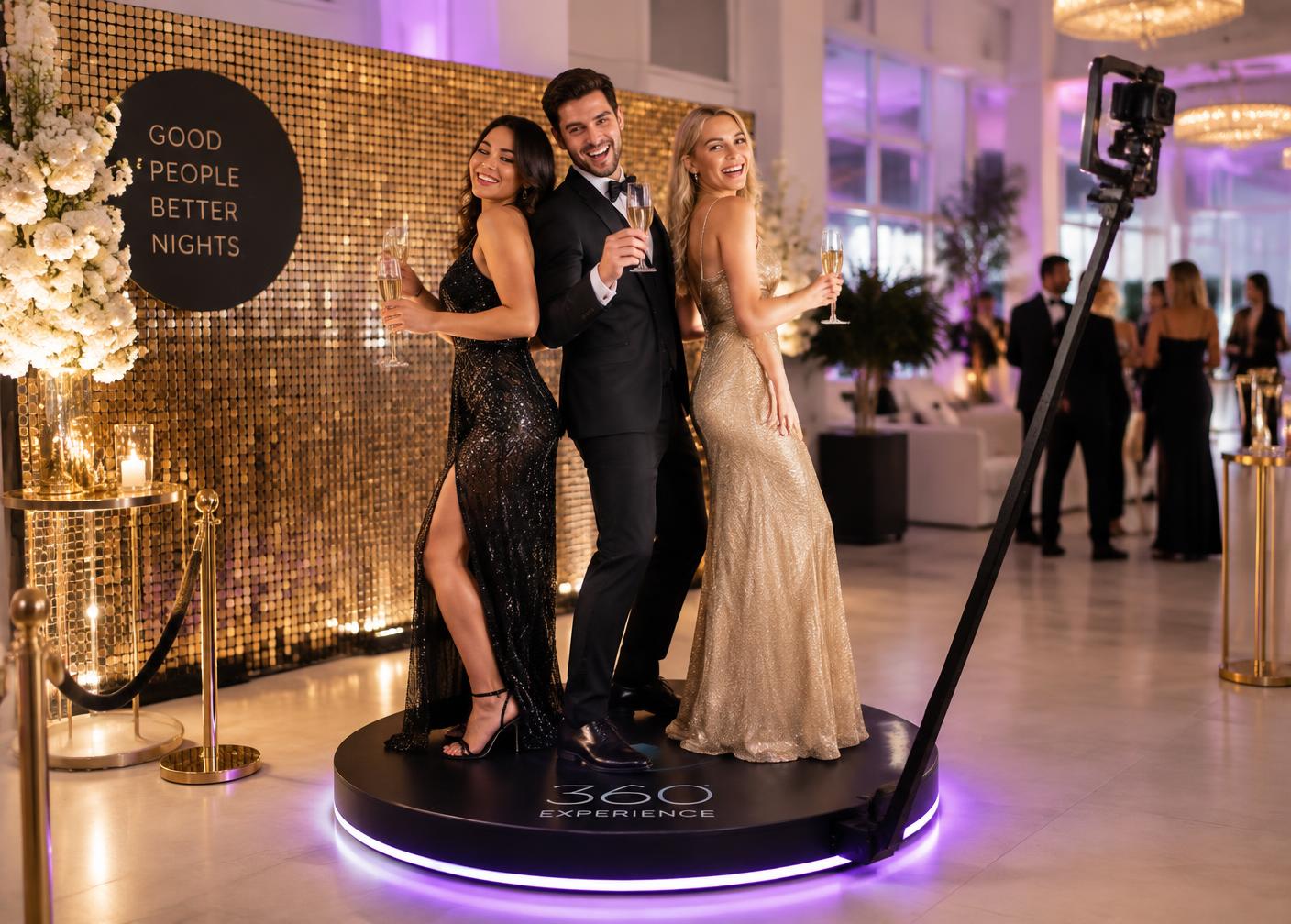 Guests on a 360 photo booth platform with purple lighting
